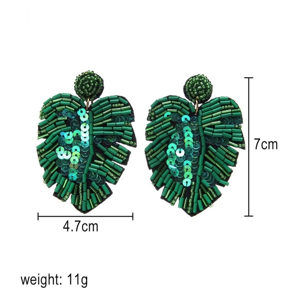 New Big Green Palm Leaf Beaded Handmade Earrings - Picture 5 of 6